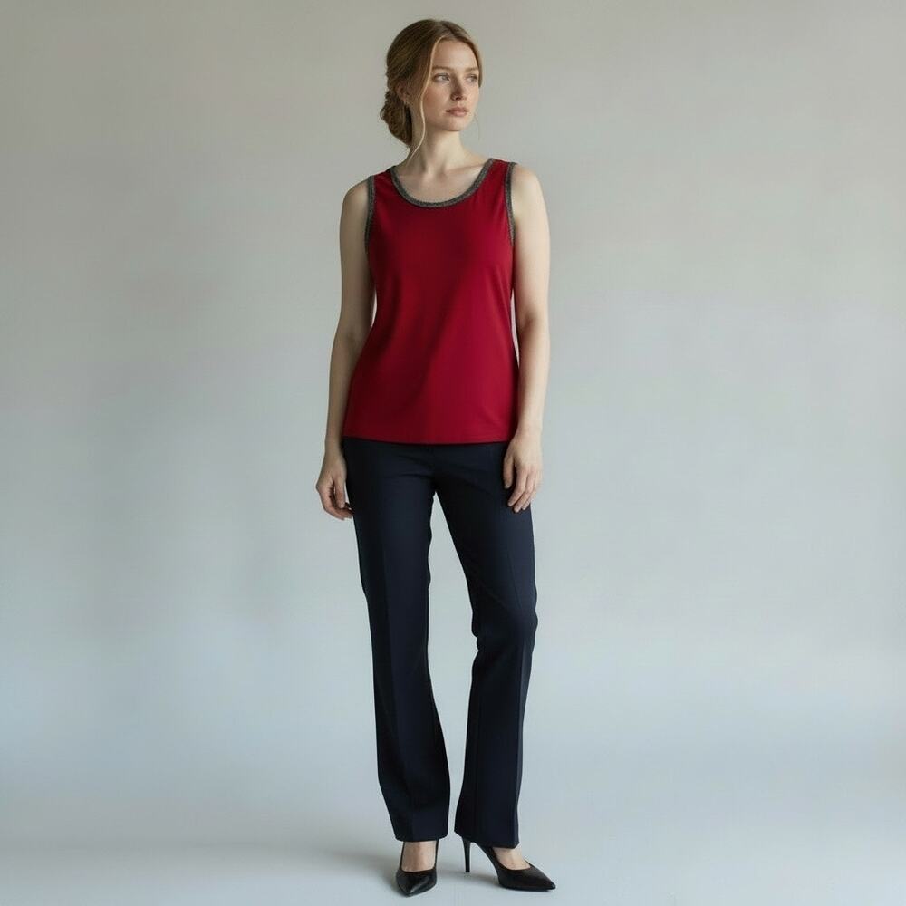 Anne Klein Sz L Titan Red Dressy Tank Top w Metallic Trims Party Work Timeless